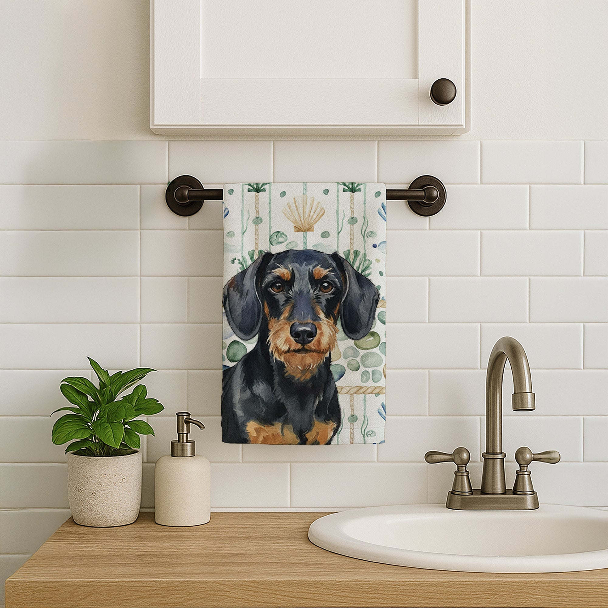 Wirehaired Black and Tan Dachshund Coastal Sea Glass Kitchen Towel Velour Plush Front and Cotton Loop Back Machine Washable