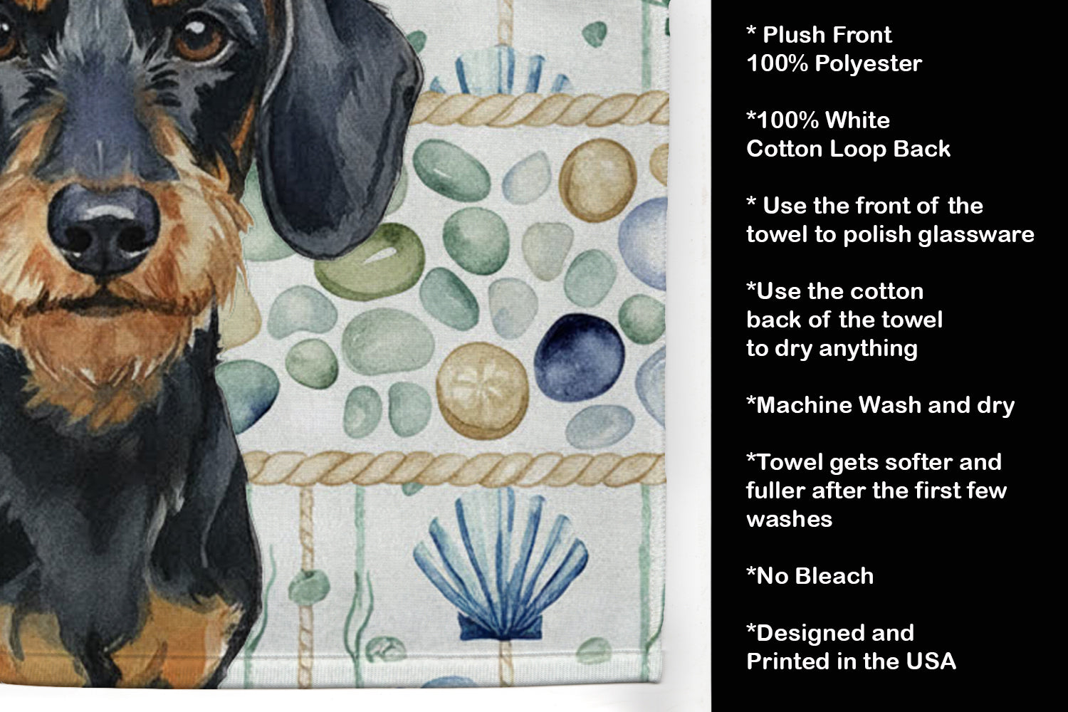 Wirehaired Black and Tan Dachshund Coastal Sea Glass Kitchen Towel Velour Plush Front and Cotton Loop Back Machine Washable