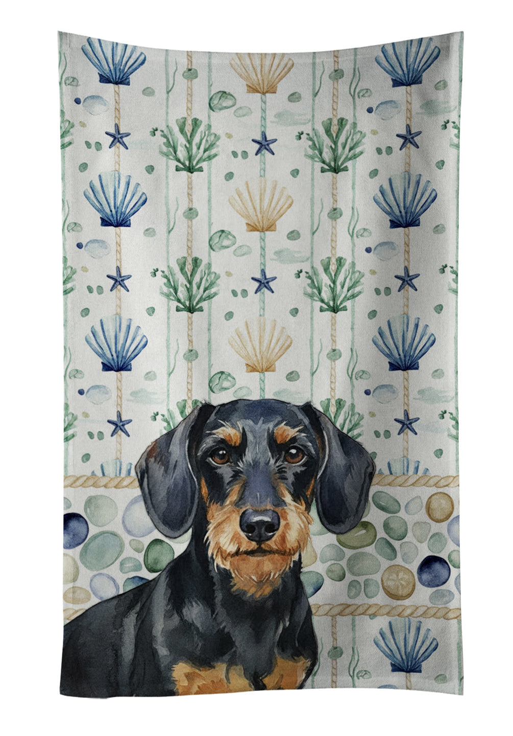 Wirehaired Black and Tan Dachshund Coastal Sea Glass Kitchen Towel Velour Plush Front and Cotton Loop Back Machine Washable