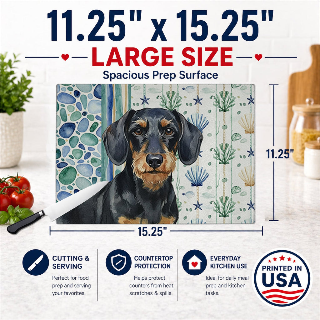 Wirehaired Black and Tan Dachshund Coastal Sea Glass Cutting Board Tempered Glass Kitchen Cutting Surface, Heat Resistant Chopping, Non-Slip Feet, Food Prep & Serving