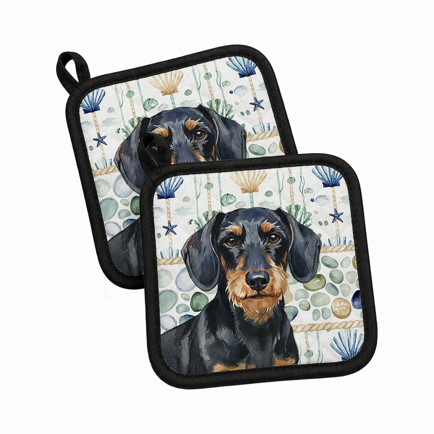 Wirehaired Black and Tan Dachshund Coastal Sea Glass Pot Holder Set of 2 Heat Resistant Quilted Hot Pads 7.5 x 7.5 Inch, Insulated Kitchen Trivets for Cooking & Baking