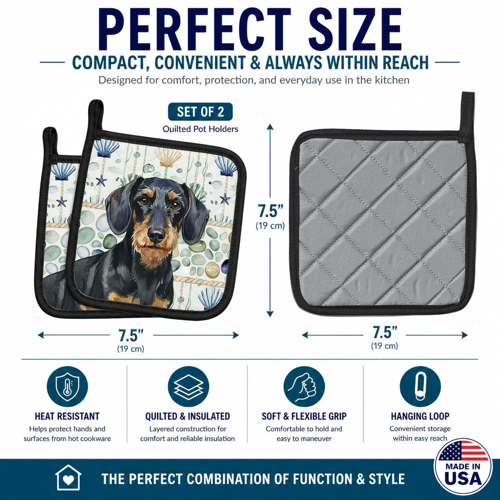 Wirehaired Black and Tan Dachshund Coastal Sea Glass Pot Holder Set of 2 Heat Resistant Quilted Hot Pads 7.5 x 7.5 Inch, Insulated Kitchen Trivets for Cooking & Baking