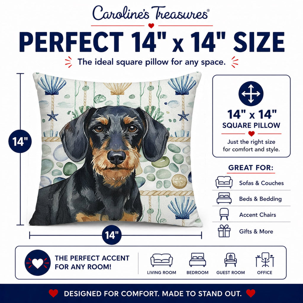 Wirehaired Black and Tan Dachshund Coastal Sea Glass Decorative Throw Pillow 14x14 Indoor Outdoor Accent Cushion, Fabric Cover with Insert for Sofa, Bed, Porch & Living Room