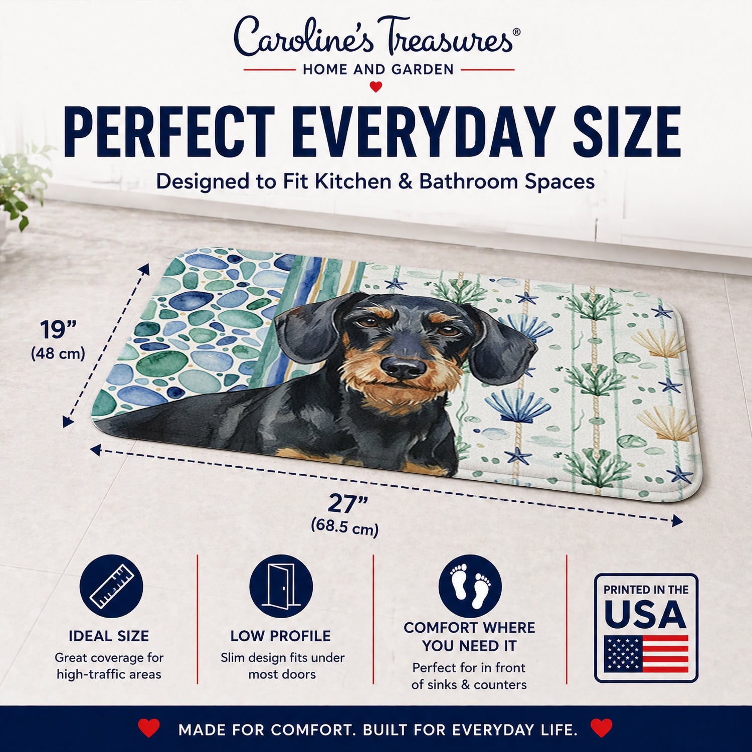 Wirehaired Black and Tan Dachshund Coastal Sea Glass Memory Foam Kitchen Mat Machine Washable Anti-Fatigue Cushion Comfort Bath or Kitchen Rug