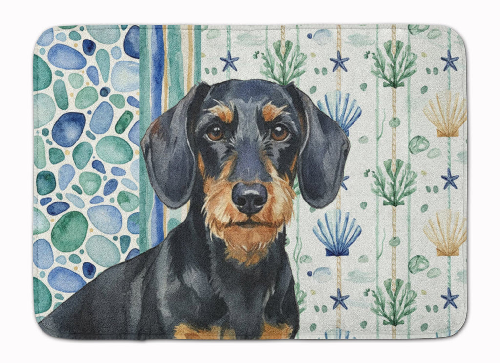 Wirehaired Black and Tan Dachshund Coastal Sea Glass Memory Foam Kitchen Mat Machine Washable Anti-Fatigue Cushion Comfort Bath or Kitchen Rug