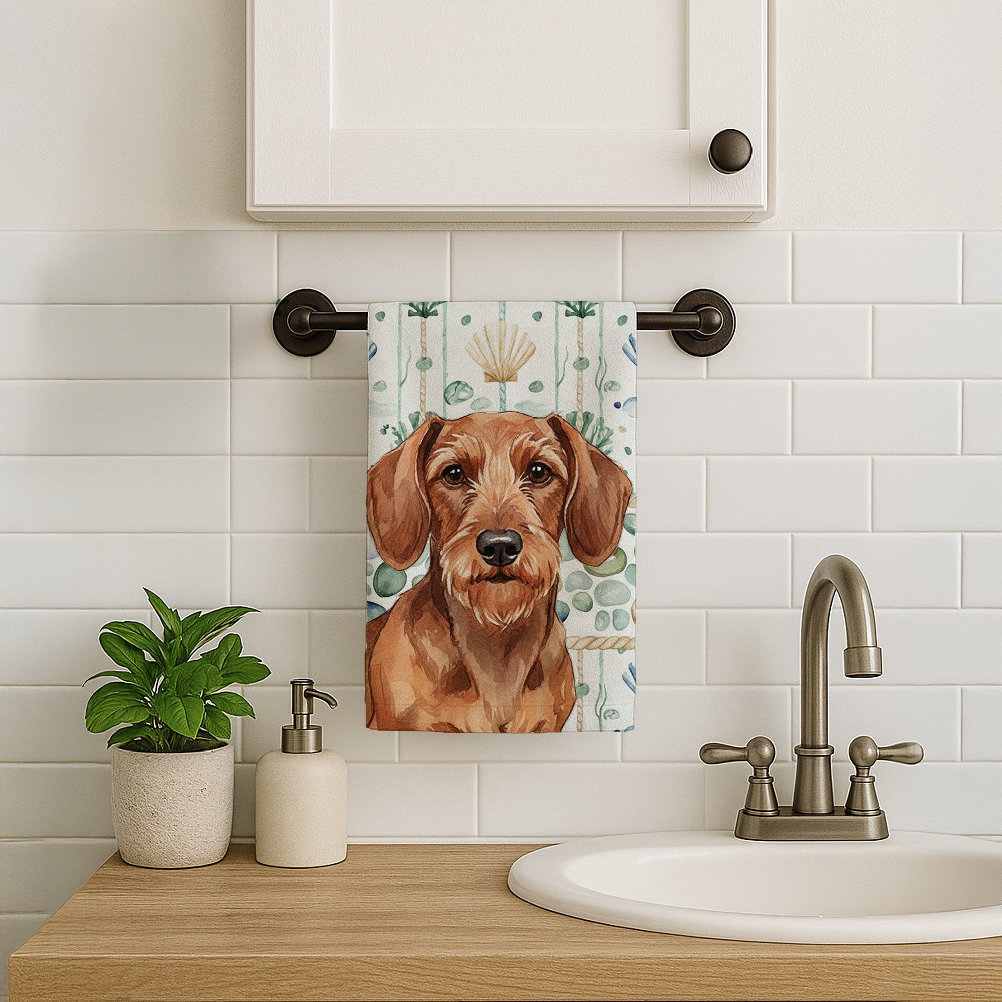 Wirehaired Red Dachshund Coastal Sea Glass Kitchen Towel Velour Plush Front and Cotton Loop Back Machine Washable