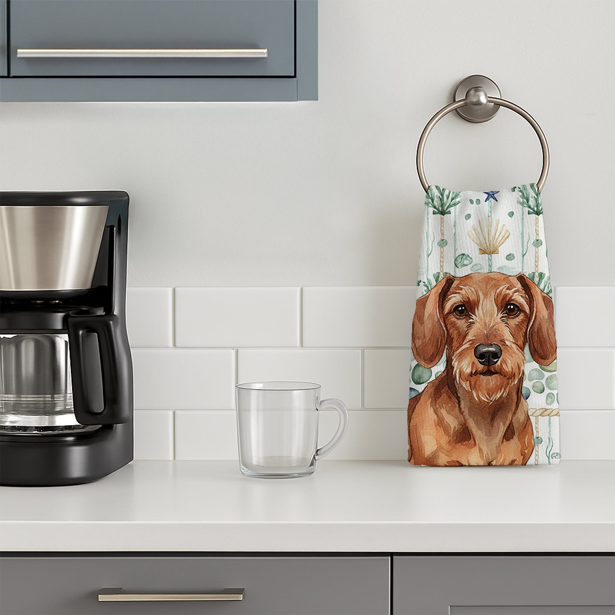 Wirehaired Red Dachshund Coastal Sea Glass Kitchen Towel Velour Plush Front and Cotton Loop Back Machine Washable