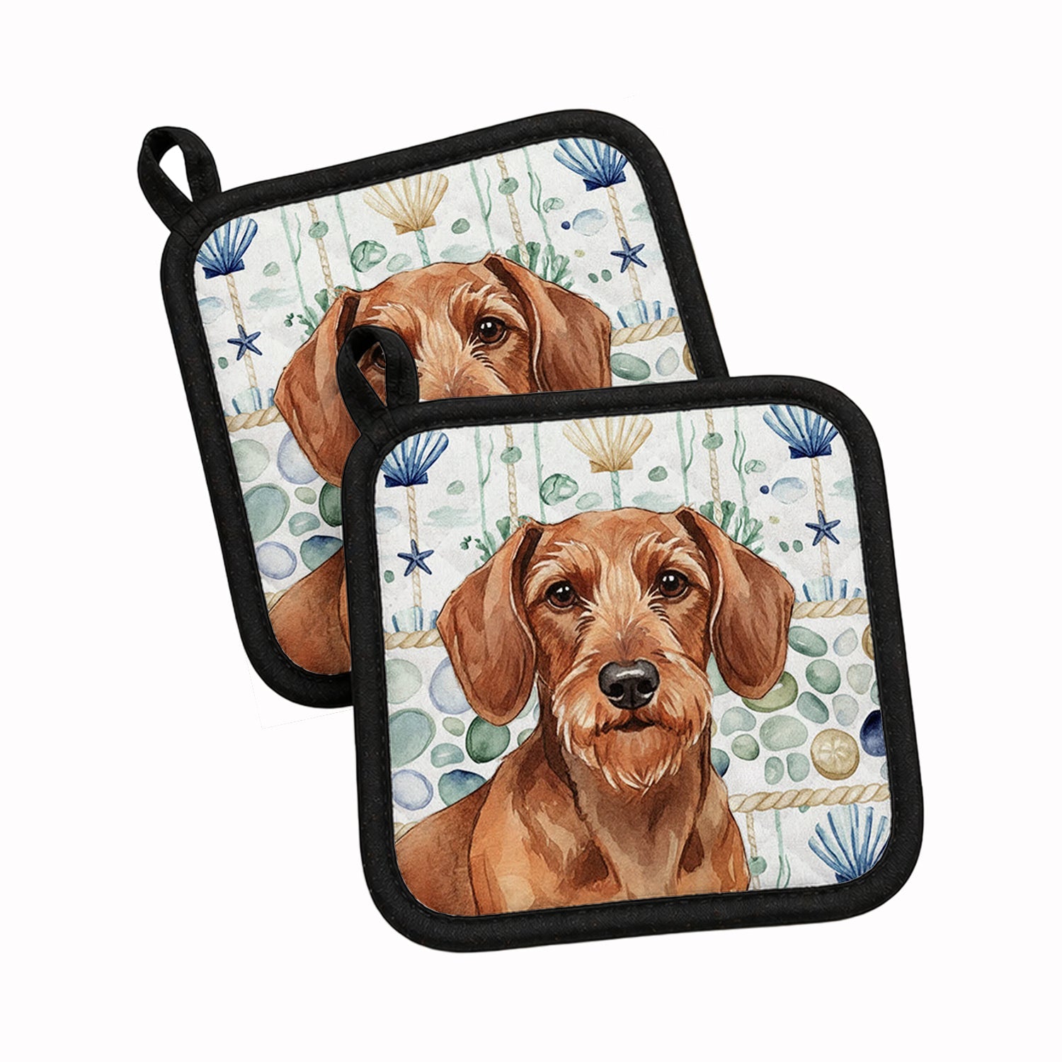 Wirehaired Red Dachshund Coastal Sea Glass Pot Holder Set of 2 Heat Resistant Quilted Hot Pads 7.5 x 7.5 Inch, Insulated Kitchen Trivets for Cooking & Baking
