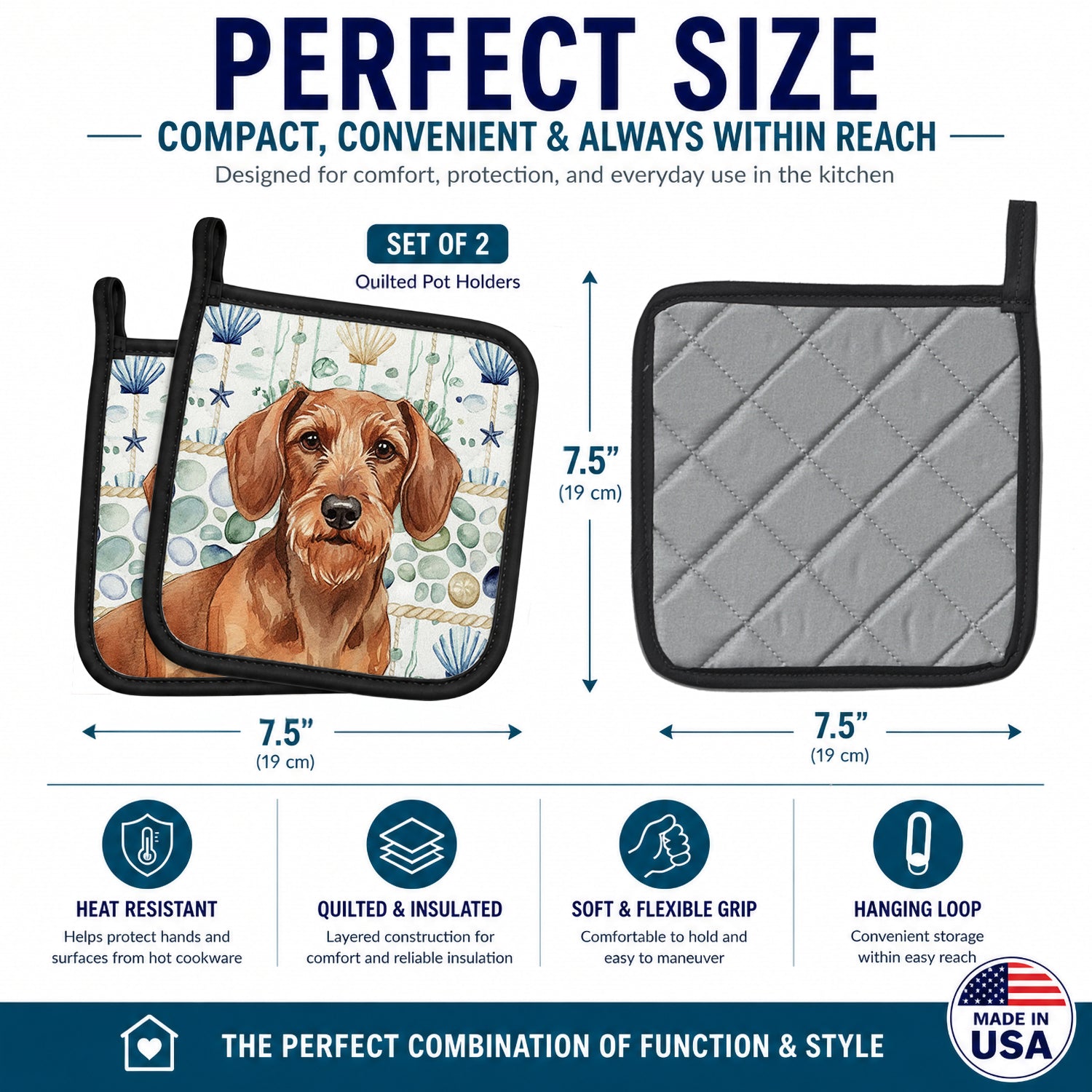 Wirehaired Red Dachshund Coastal Sea Glass Pot Holder Set of 2 Heat Resistant Quilted Hot Pads 7.5 x 7.5 Inch, Insulated Kitchen Trivets for Cooking & Baking