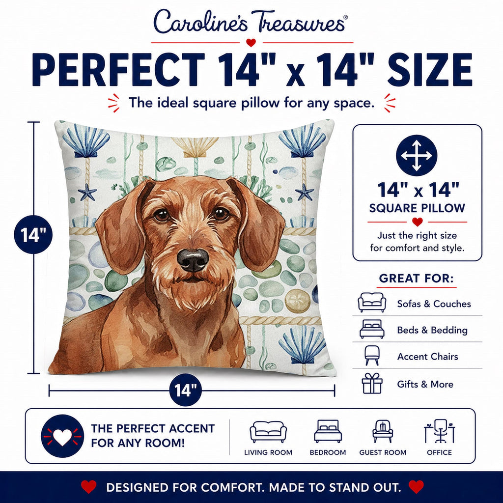 Wirehaired Red Dachshund Coastal Sea Glass Decorative Throw Pillow 14x14 Indoor Outdoor Accent Cushion, Fabric Cover with Insert for Sofa, Bed, Porch & Living Room