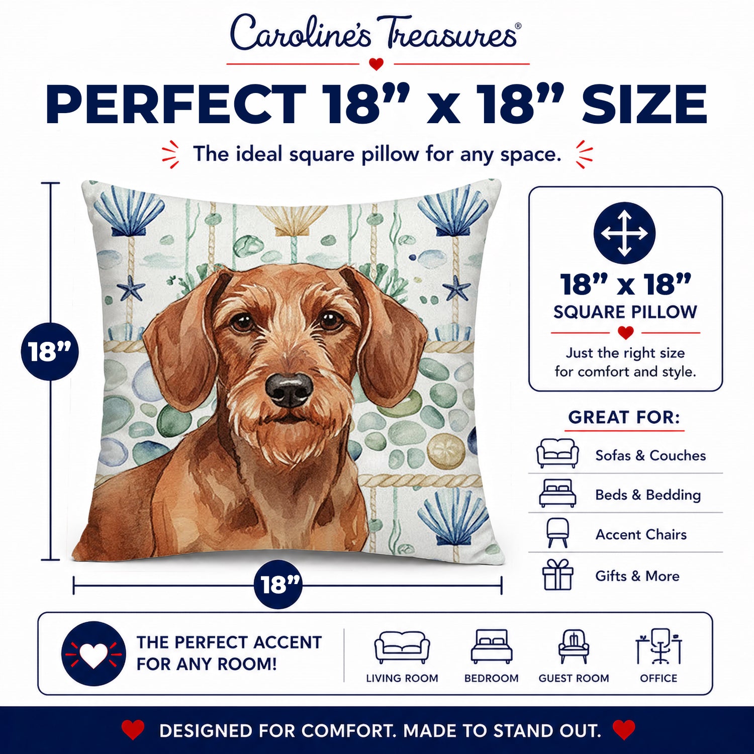 Wirehaired Red Dachshund Coastal Sea Glass Decorative Throw Pillow 18x18 Indoor Outdoor Accent Cushion, Fabric Cover with Insert for Sofa, Bed, Porch & Living Room