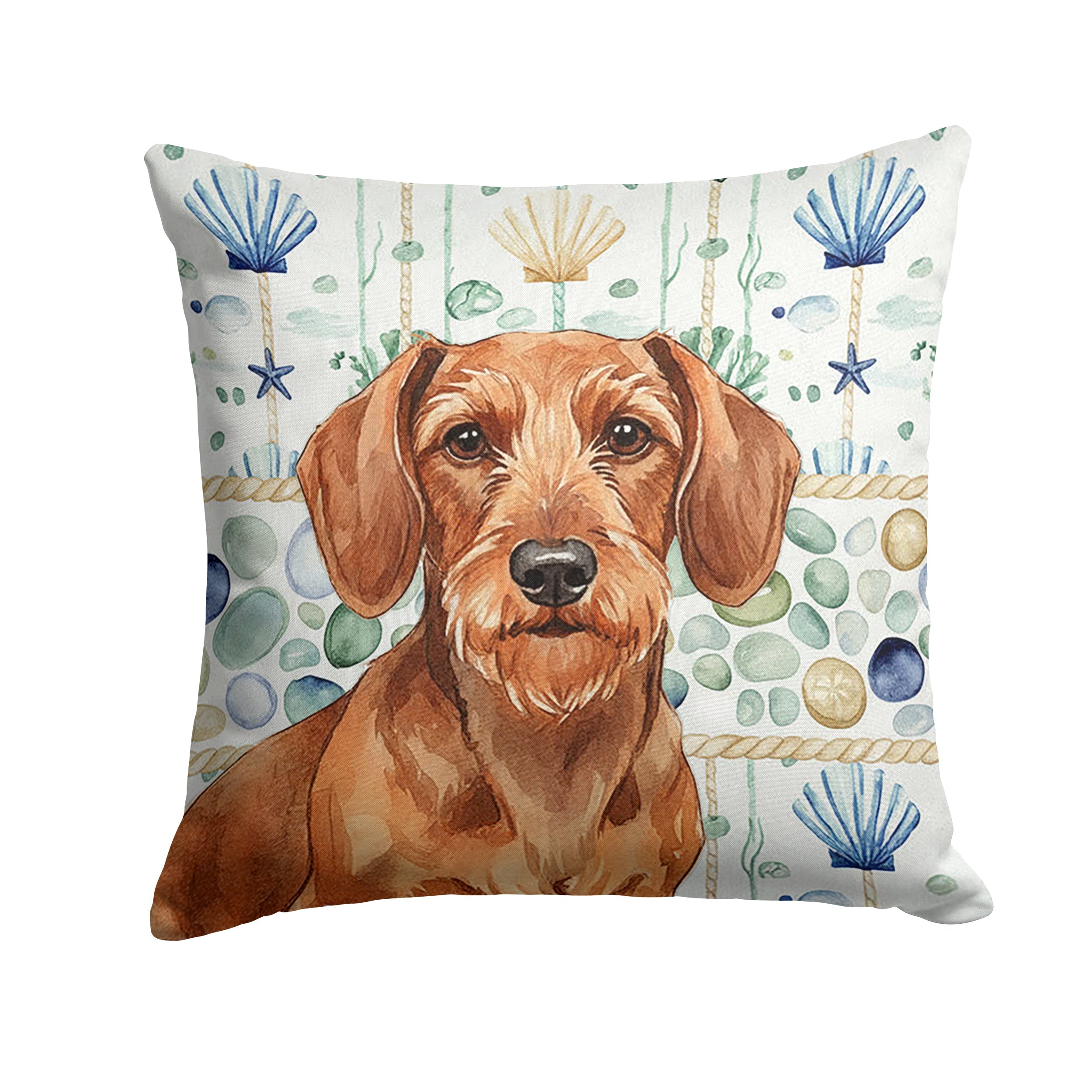 Wirehaired Red Dachshund Coastal Sea Glass Decorative Throw Pillow 18x18 Indoor Outdoor Accent Cushion, Fabric Cover with Insert for Sofa, Bed, Porch & Living Room