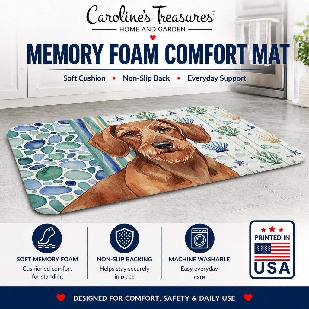 Wirehaired Red Dachshund Coastal Sea Glass Memory Foam Kitchen Mat Machine Washable Anti-Fatigue Cushion Comfort Bath or Kitchen Rug
