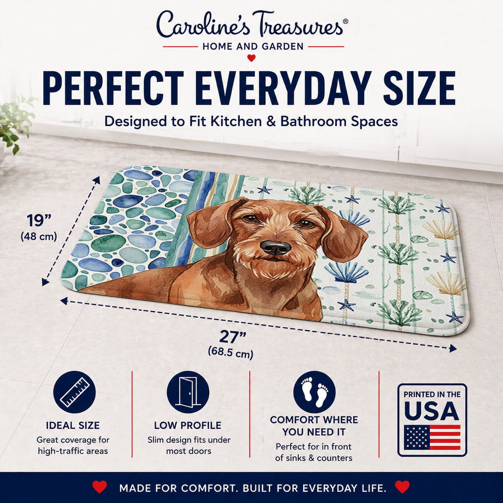 Wirehaired Red Dachshund Coastal Sea Glass Memory Foam Kitchen Mat Machine Washable Anti-Fatigue Cushion Comfort Bath or Kitchen Rug