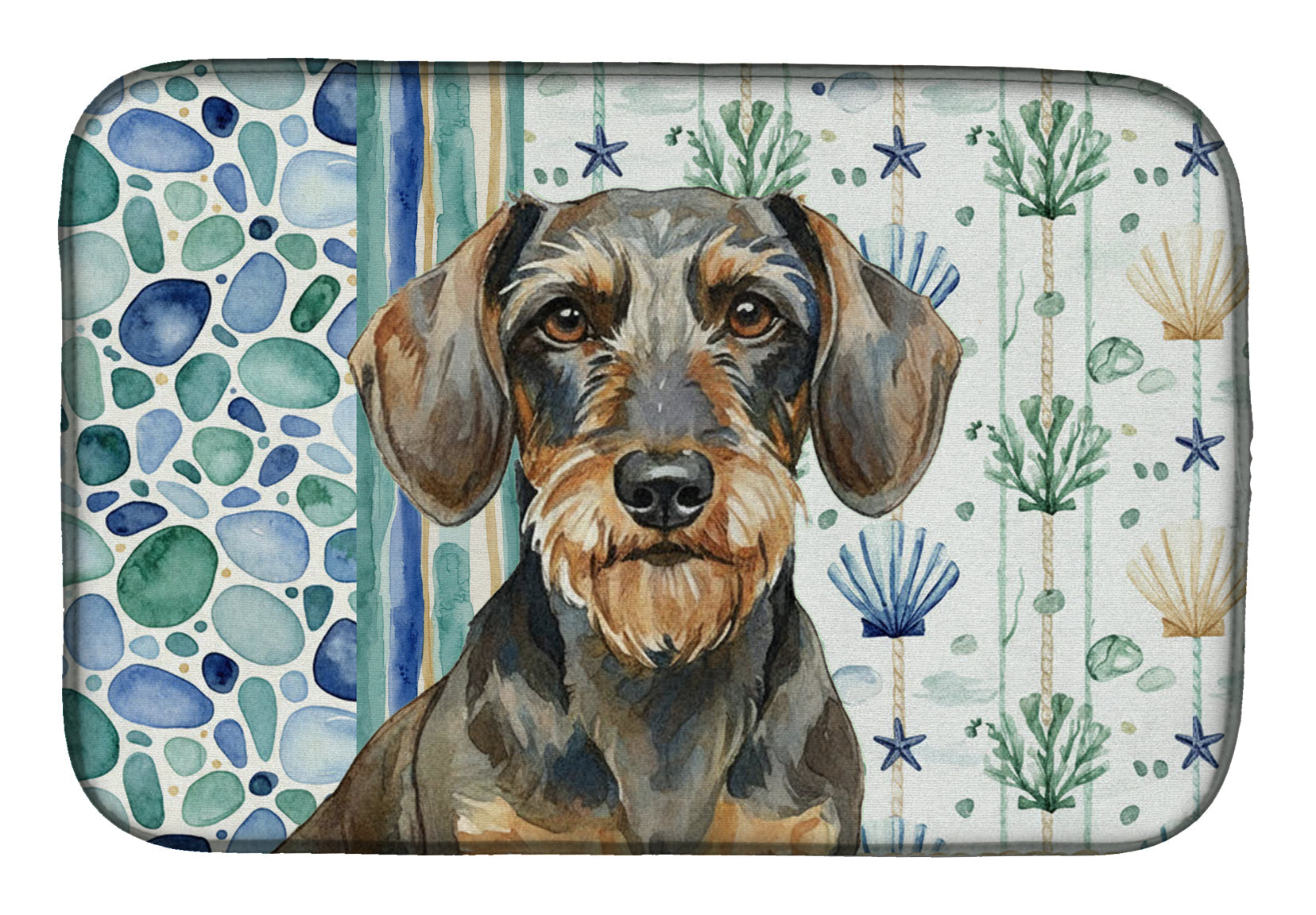 Wirehaired Wild Boar Dachshund Coastal Sea Glass Dish Drying Mat Absorbent Dish Drying Mat Pad for Kitchen Counter Dish Drainer Mat for Countertop, 14 x 21", Multicolor