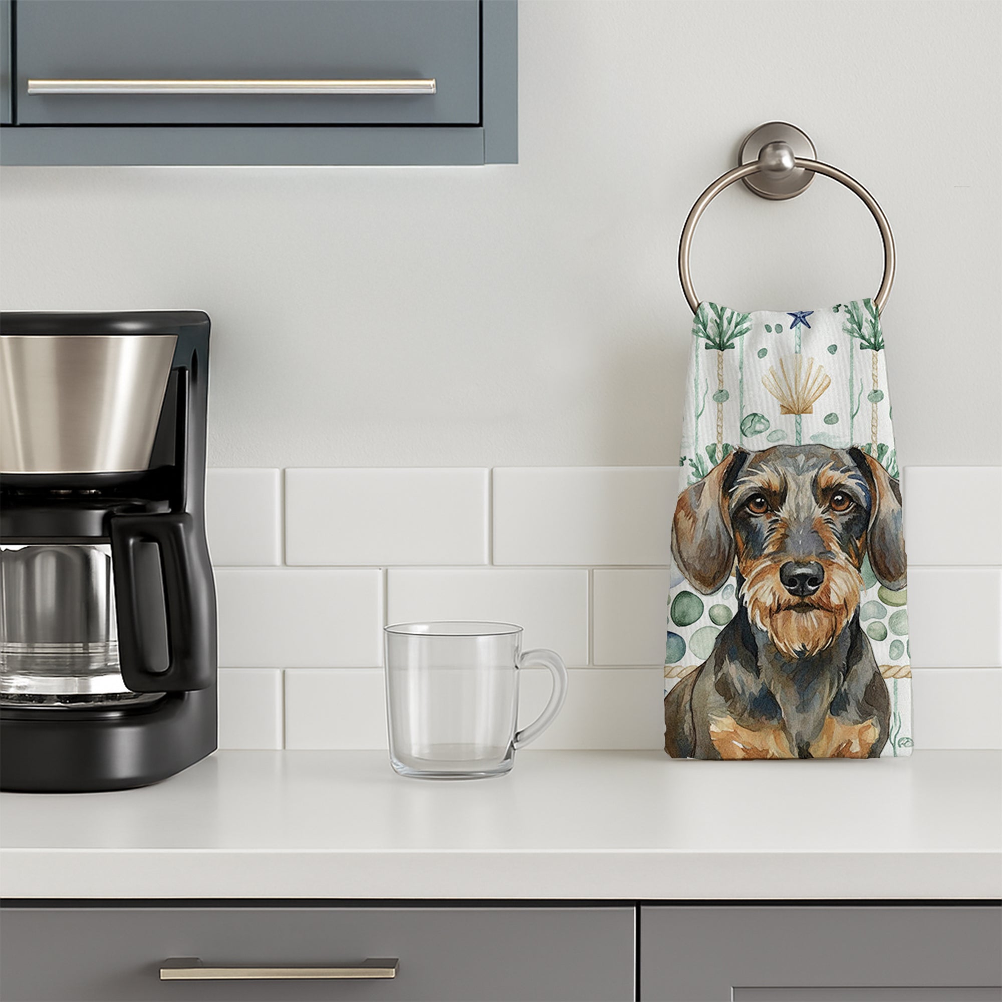Wirehaired Wild Boar Dachshund Coastal Sea Glass Kitchen Towel Velour Plush Front and Cotton Loop Back Machine Washable