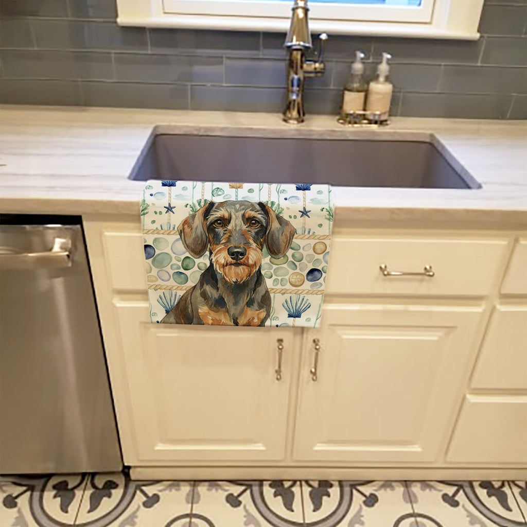 Wirehaired Wild Boar Dachshund Coastal Sea Glass Kitchen Towel Velour Plush Front and Cotton Loop Back Machine Washable