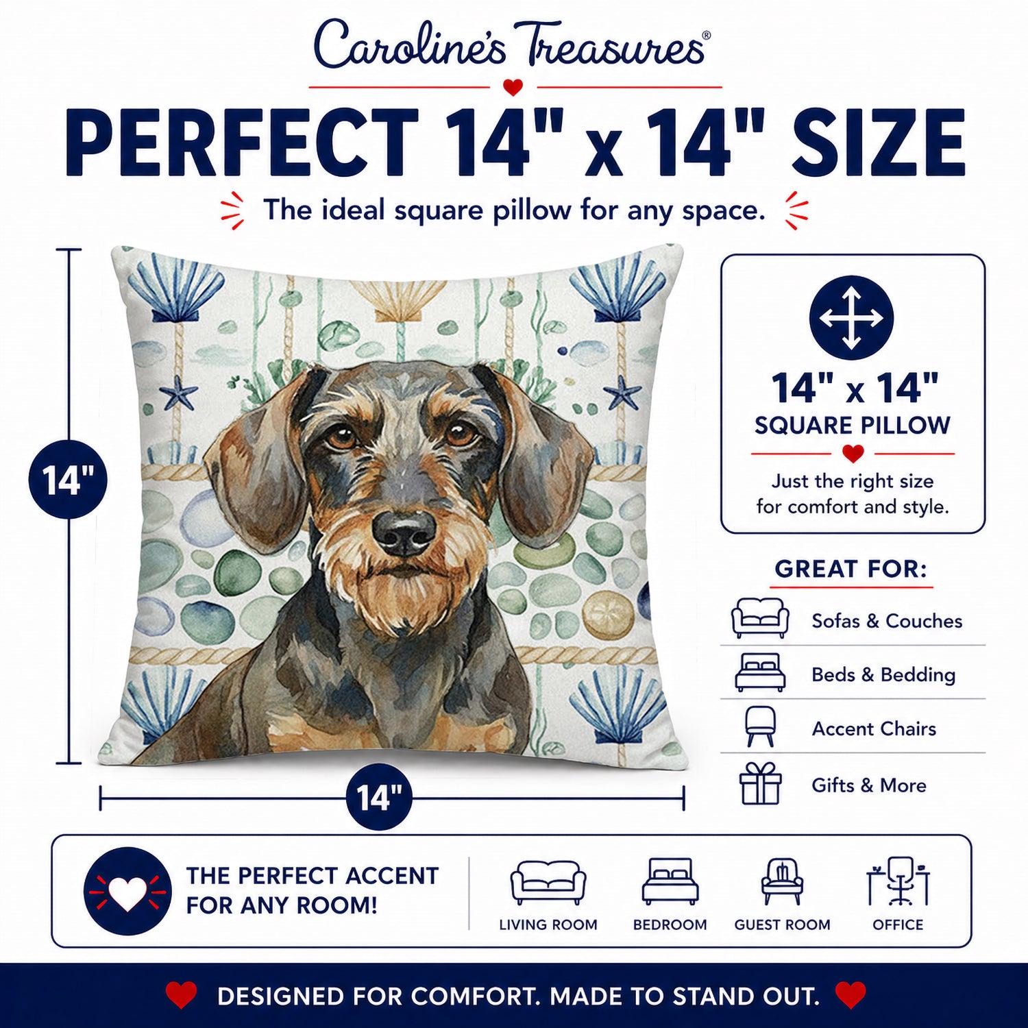 Wirehaired Wild Boar Dachshund Coastal Sea Glass Decorative Throw Pillow 14x14 Indoor Outdoor Accent Cushion, Fabric Cover with Insert for Sofa, Bed, Porch & Living Room