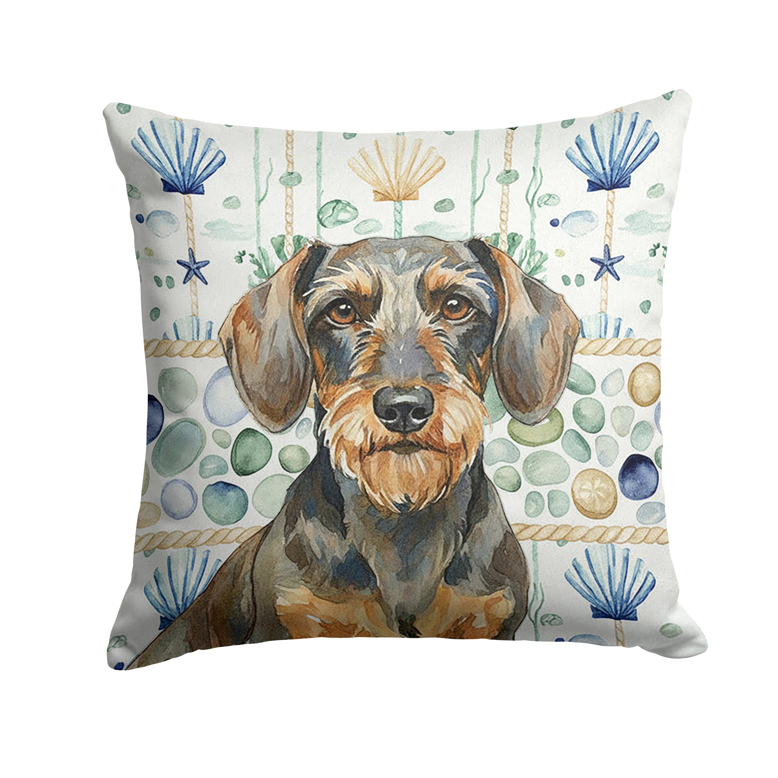 Wirehaired Wild Boar Dachshund Coastal Sea Glass Decorative Throw Pillow 14x14 Indoor Outdoor Accent Cushion, Fabric Cover with Insert for Sofa, Bed, Porch & Living Room