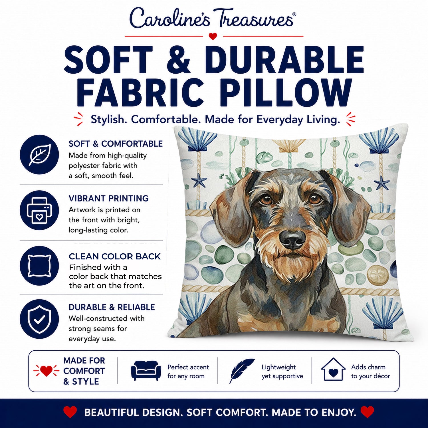 Wirehaired Wild Boar Dachshund Coastal Sea Glass Decorative Throw Pillow 18x18 Indoor Outdoor Accent Cushion, Fabric Cover with Insert for Sofa, Bed, Porch & Living Room