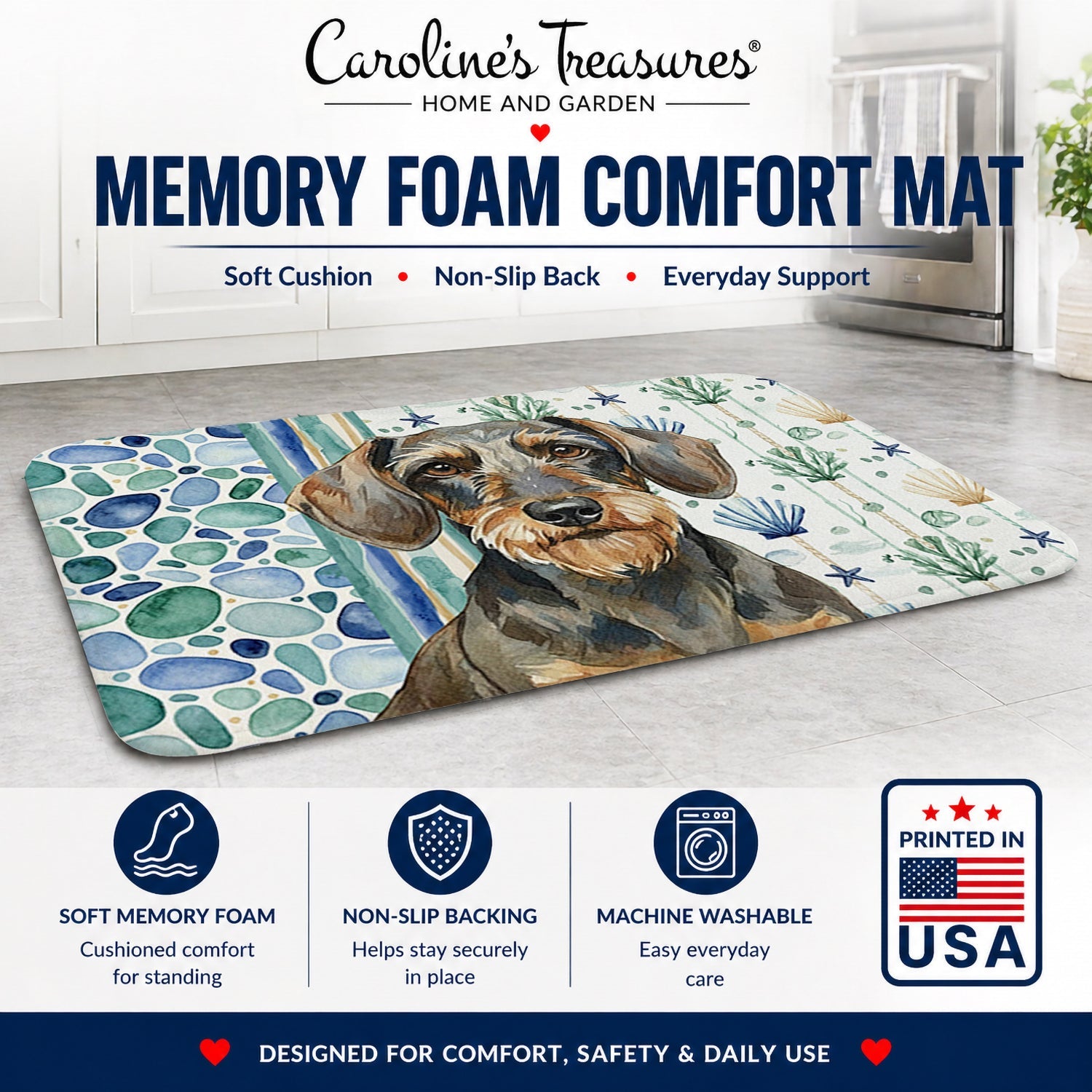 Wirehaired Wild Boar Dachshund Coastal Sea Glass Memory Foam Kitchen Mat Machine Washable Anti-Fatigue Cushion Comfort Bath or Kitchen Rug