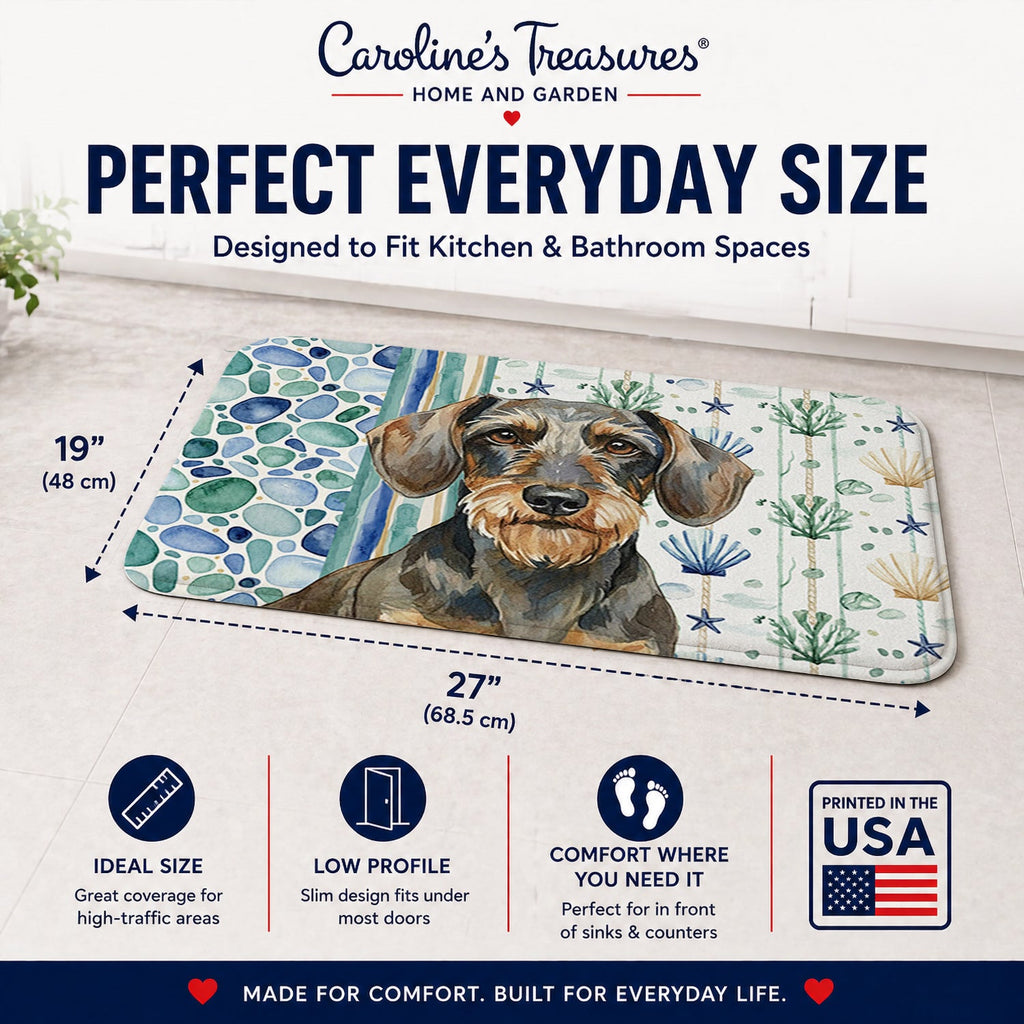 Wirehaired Wild Boar Dachshund Coastal Sea Glass Memory Foam Kitchen Mat Machine Washable Anti-Fatigue Cushion Comfort Bath or Kitchen Rug
