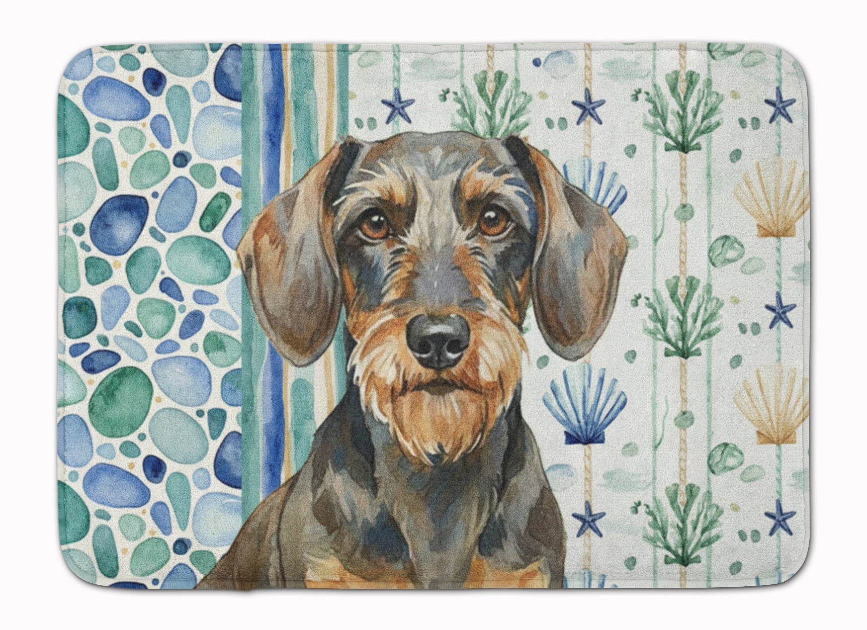 Wirehaired Wild Boar Dachshund Coastal Sea Glass Memory Foam Kitchen Mat Machine Washable Anti-Fatigue Cushion Comfort Bath or Kitchen Rug