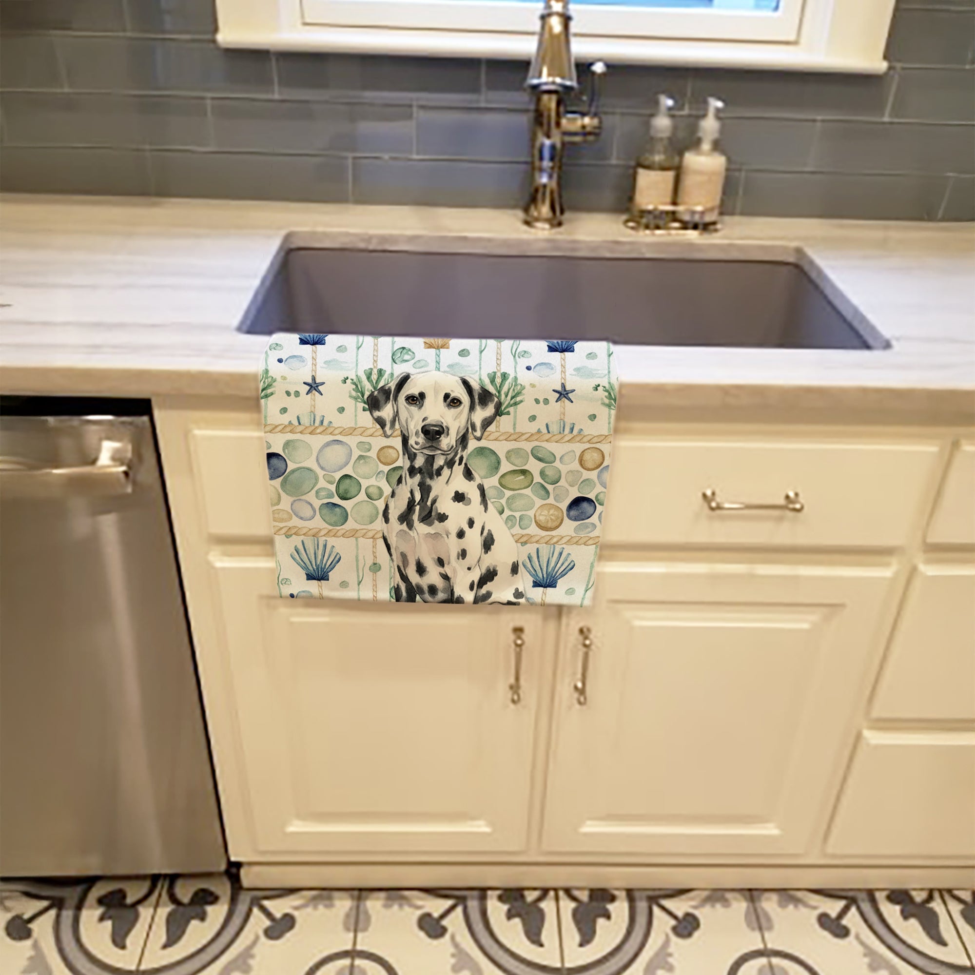 Dalmatian Coastal Sea Glass Kitchen Towel Velour Plush Front and Cotton Loop Back Machine Washable