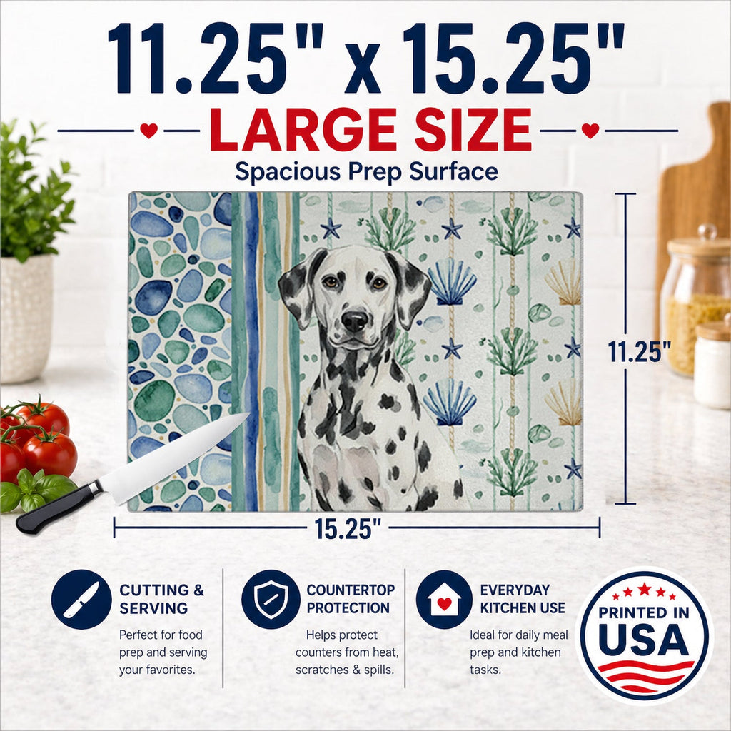 Dalmatian Coastal Sea Glass Cutting Board Tempered Glass Kitchen Cutting Surface, Heat Resistant Chopping, Non-Slip Feet, Food Prep & Serving