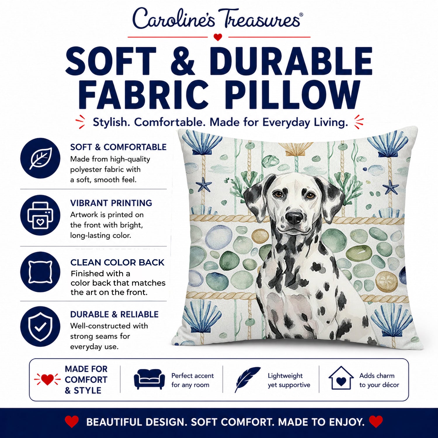 Dalmatian Coastal Sea Glass Decorative Throw Pillow 14x14 Indoor Outdoor Accent Cushion, Fabric Cover with Insert for Sofa, Bed, Porch & Living Room