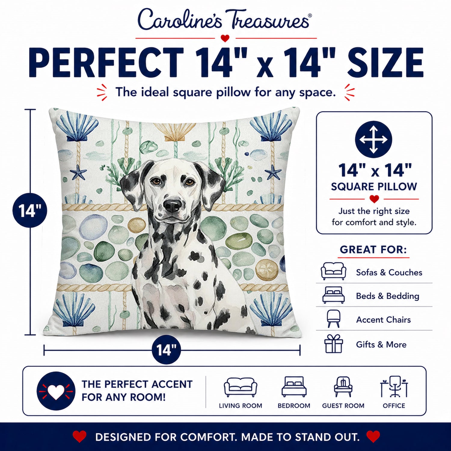 Dalmatian Coastal Sea Glass Decorative Throw Pillow 14x14 Indoor Outdoor Accent Cushion, Fabric Cover with Insert for Sofa, Bed, Porch & Living Room
