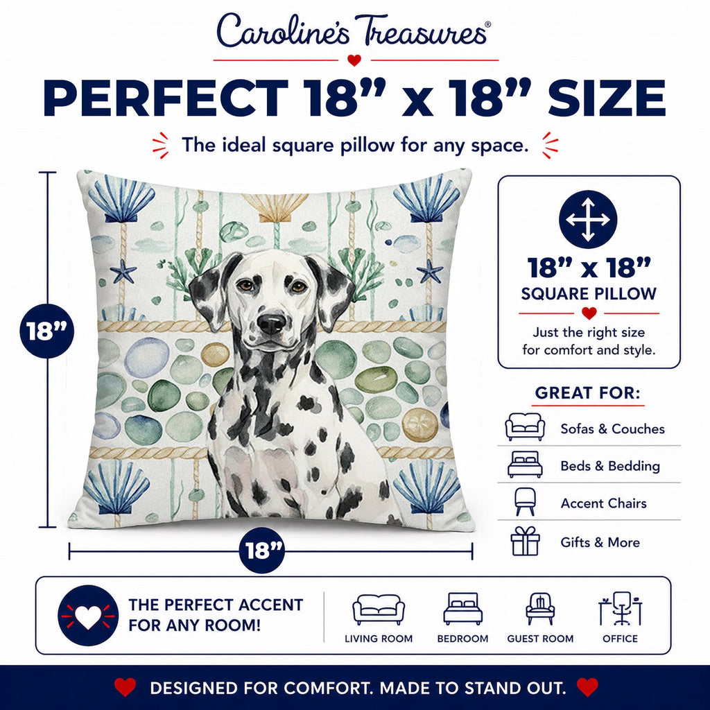 Dalmatian Coastal Sea Glass Decorative Throw Pillow 18x18 Indoor Outdoor Accent Cushion, Fabric Cover with Insert for Sofa, Bed, Porch & Living Room