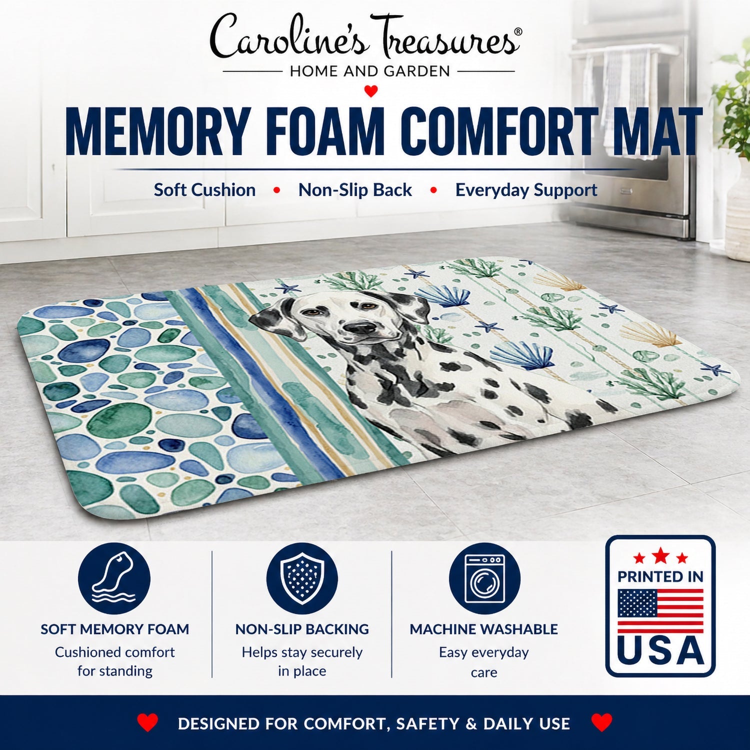 Dalmatian Coastal Sea Glass Memory Foam Kitchen Mat Machine Washable Anti-Fatigue Cushion Comfort Bath or Kitchen Rug