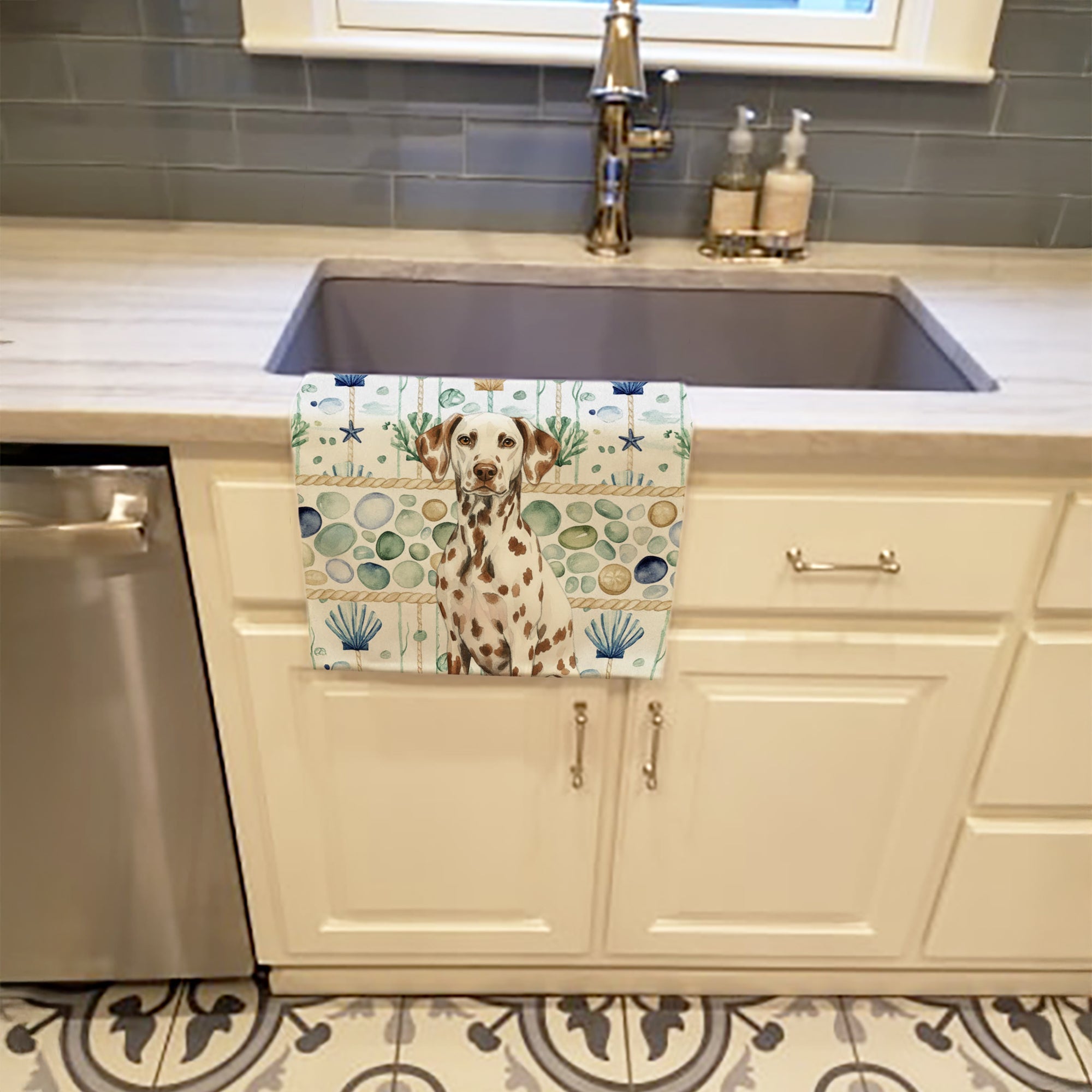 Liver Dalmatian Coastal Sea Glass Kitchen Towel Velour Plush Front and Cotton Loop Back Machine Washable