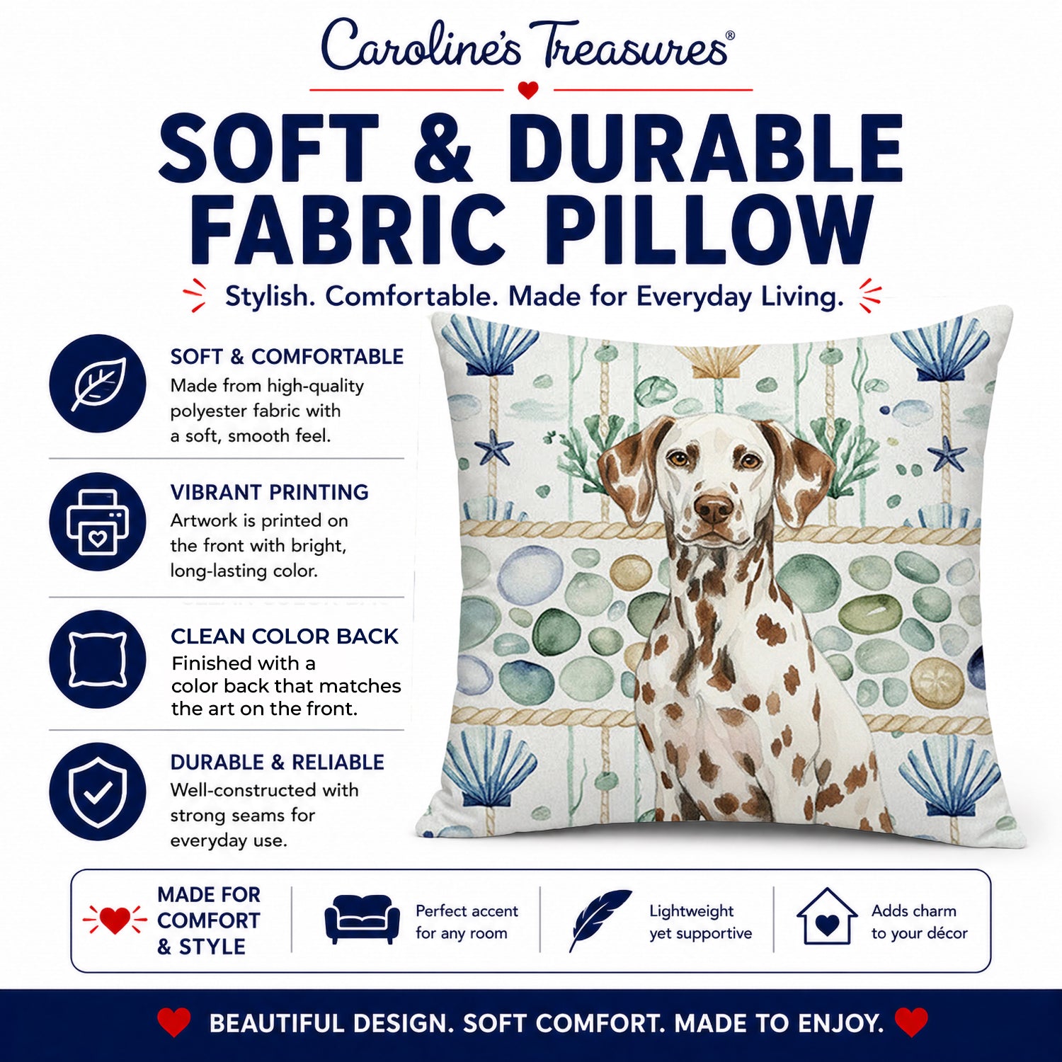 Liver Dalmatian Coastal Sea Glass Decorative Throw Pillow 14x14 Indoor Outdoor Accent Cushion, Fabric Cover with Insert for Sofa, Bed, Porch & Living Room