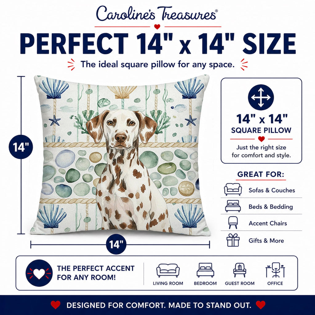 Liver Dalmatian Coastal Sea Glass Decorative Throw Pillow 14x14 Indoor Outdoor Accent Cushion, Fabric Cover with Insert for Sofa, Bed, Porch & Living Room