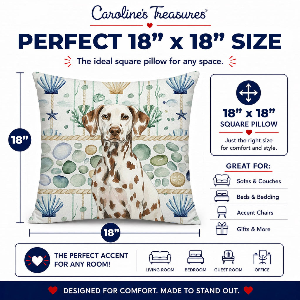 Liver Dalmatian Coastal Sea Glass Decorative Throw Pillow 18x18 Indoor Outdoor Accent Cushion, Fabric Cover with Insert for Sofa, Bed, Porch & Living Room
