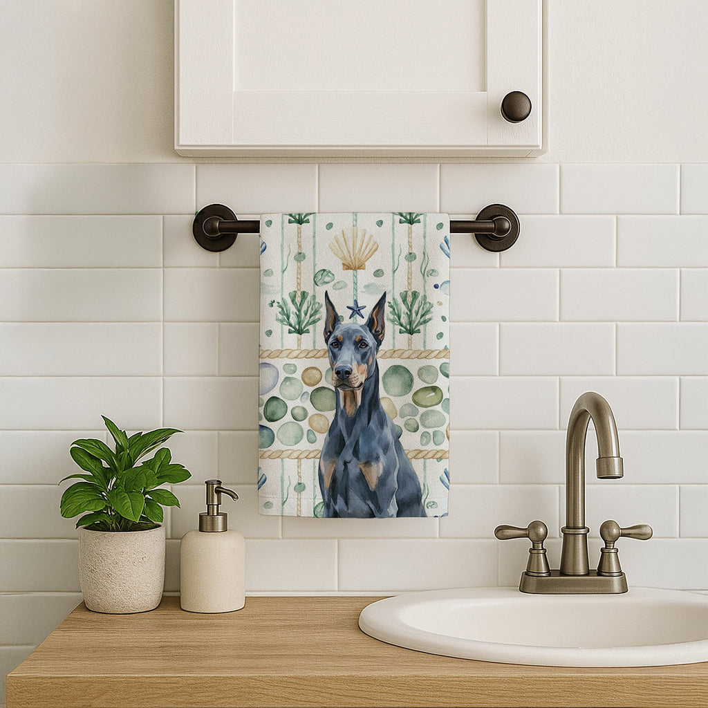 Blue Doberman Pinscher Coastal Sea Glass Kitchen Towel Velour Plush Front and Cotton Loop Back Machine Washable