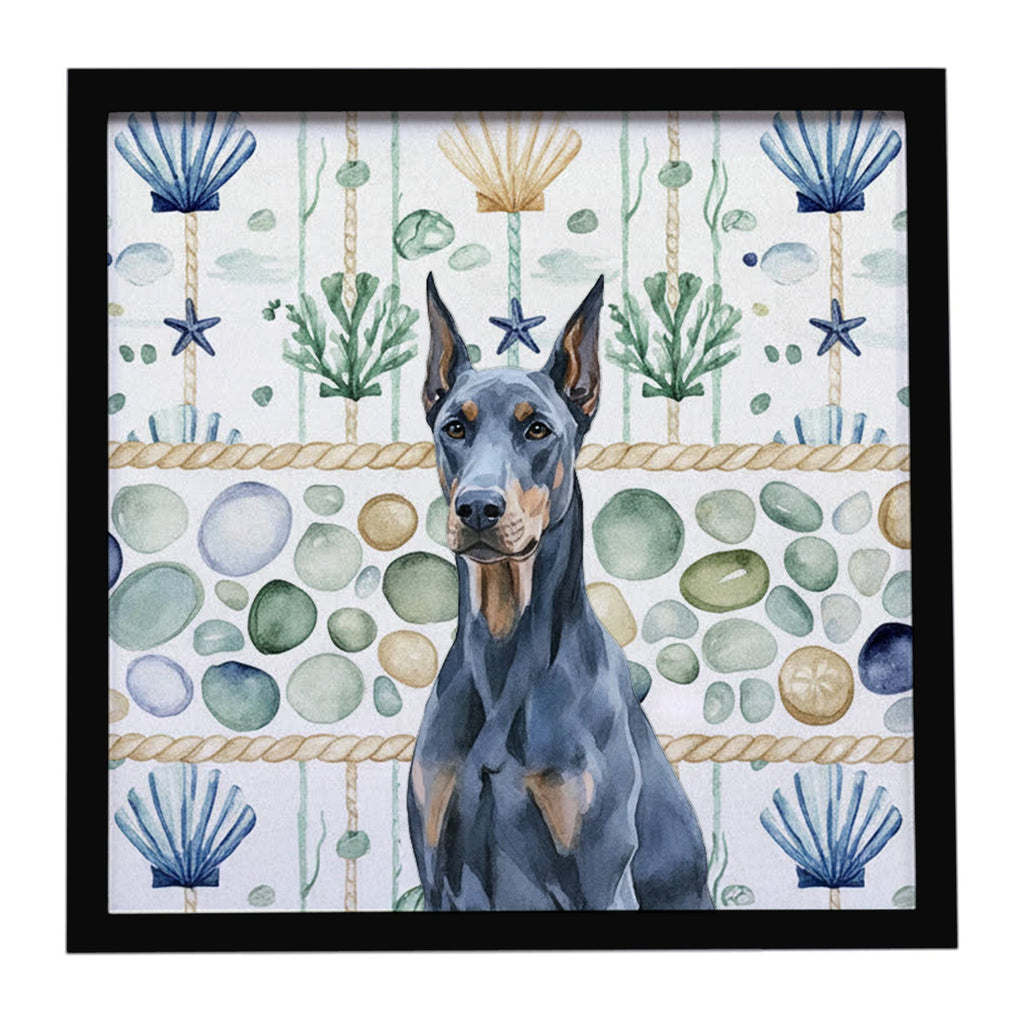 Blue Doberman Pinscher Coastal Sea Glass Framed Metal Print Bathroom, Kitchen, Office, Home Decor Wall Art Ready to Hang, Square, 8X8