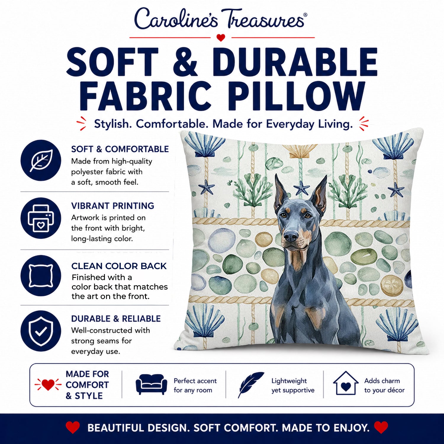 Blue Doberman Pinscher Coastal Sea Glass Decorative Throw Pillow 14x14 Indoor Outdoor Accent Cushion, Fabric Cover with Insert for Sofa, Bed, Porch & Living Room