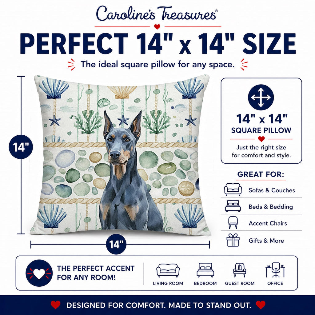 Blue Doberman Pinscher Coastal Sea Glass Decorative Throw Pillow 14x14 Indoor Outdoor Accent Cushion, Fabric Cover with Insert for Sofa, Bed, Porch & Living Room