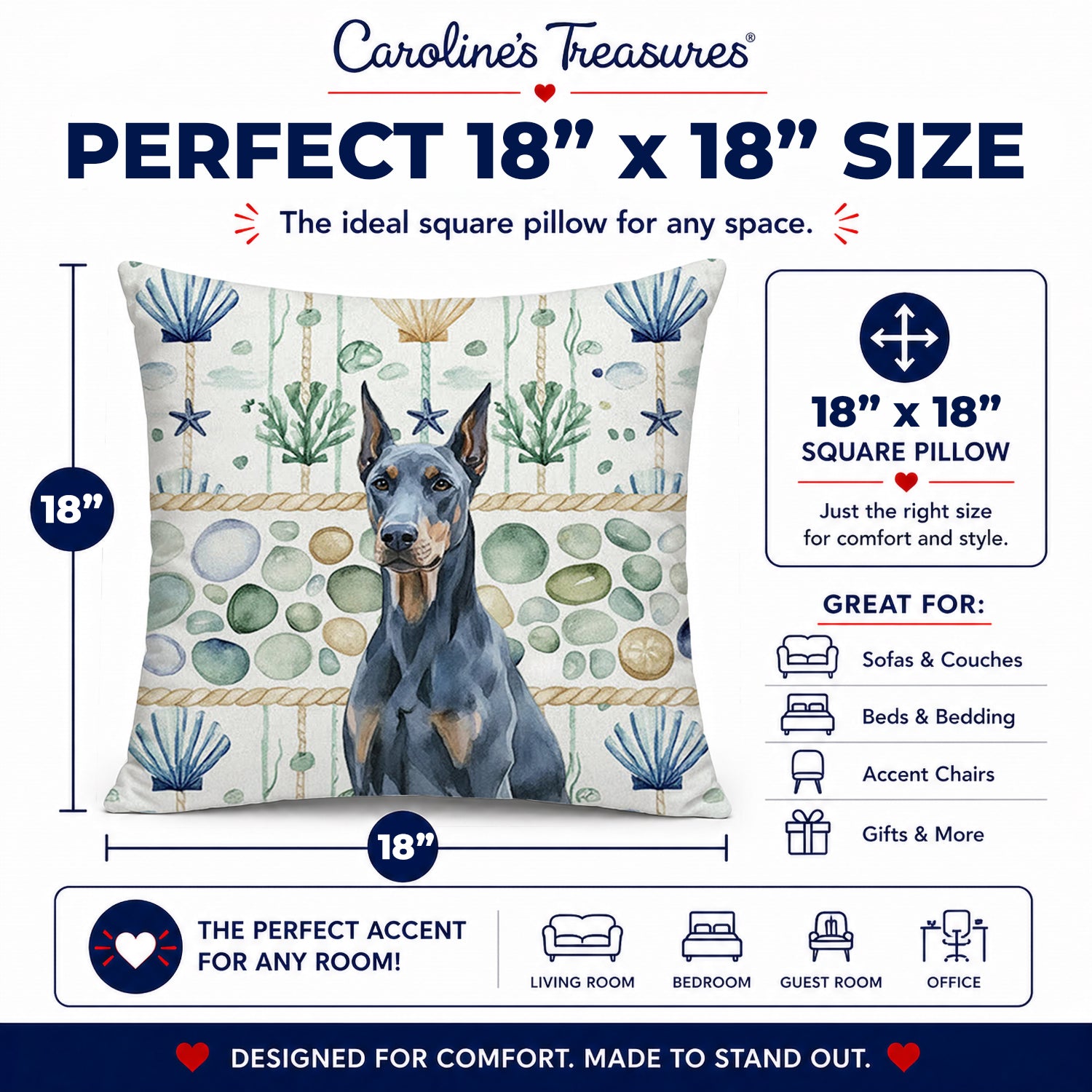 Blue Doberman Pinscher Coastal Sea Glass Decorative Throw Pillow 18x18 Indoor Outdoor Accent Cushion, Fabric Cover with Insert for Sofa, Bed, Porch & Living Room