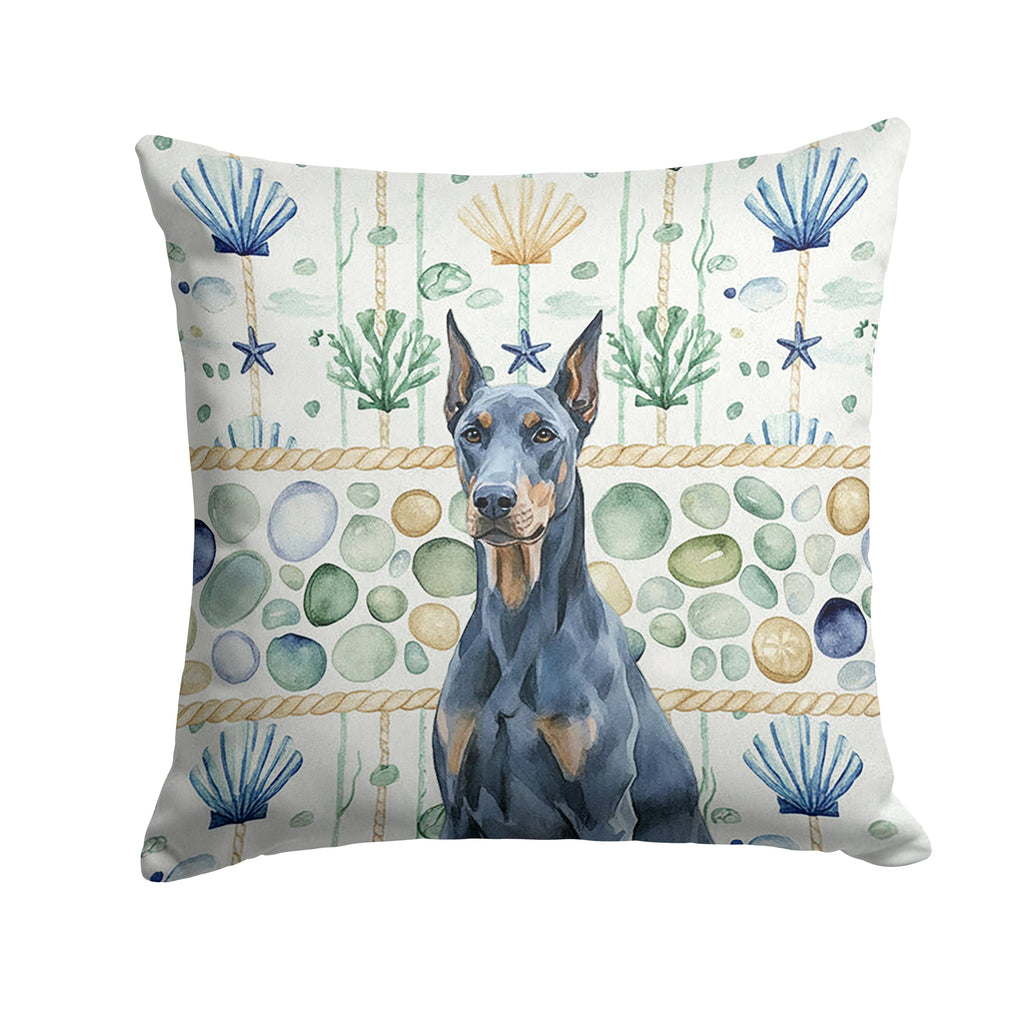 Blue Doberman Pinscher Coastal Sea Glass Decorative Throw Pillow 18x18 Indoor Outdoor Accent Cushion, Fabric Cover with Insert for Sofa, Bed, Porch & Living Room