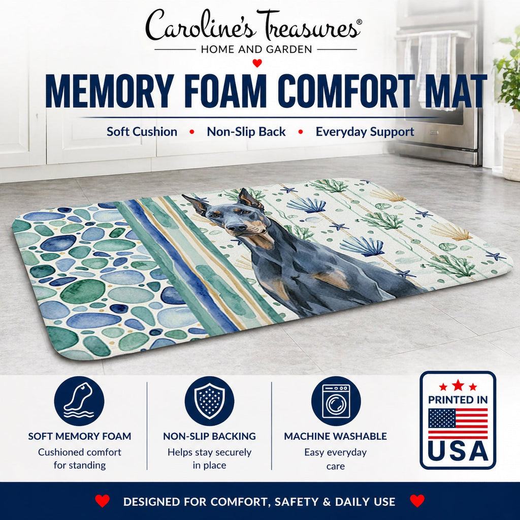 Blue Doberman Pinscher Coastal Sea Glass Memory Foam Kitchen Mat Machine Washable Anti-Fatigue Cushion Comfort Bath or Kitchen Rug
