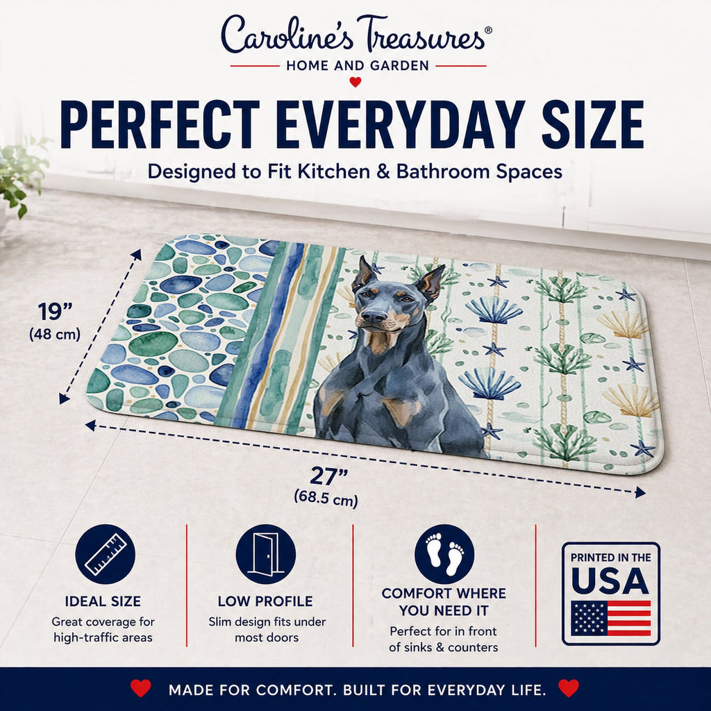 Blue Doberman Pinscher Coastal Sea Glass Memory Foam Kitchen Mat Machine Washable Anti-Fatigue Cushion Comfort Bath or Kitchen Rug
