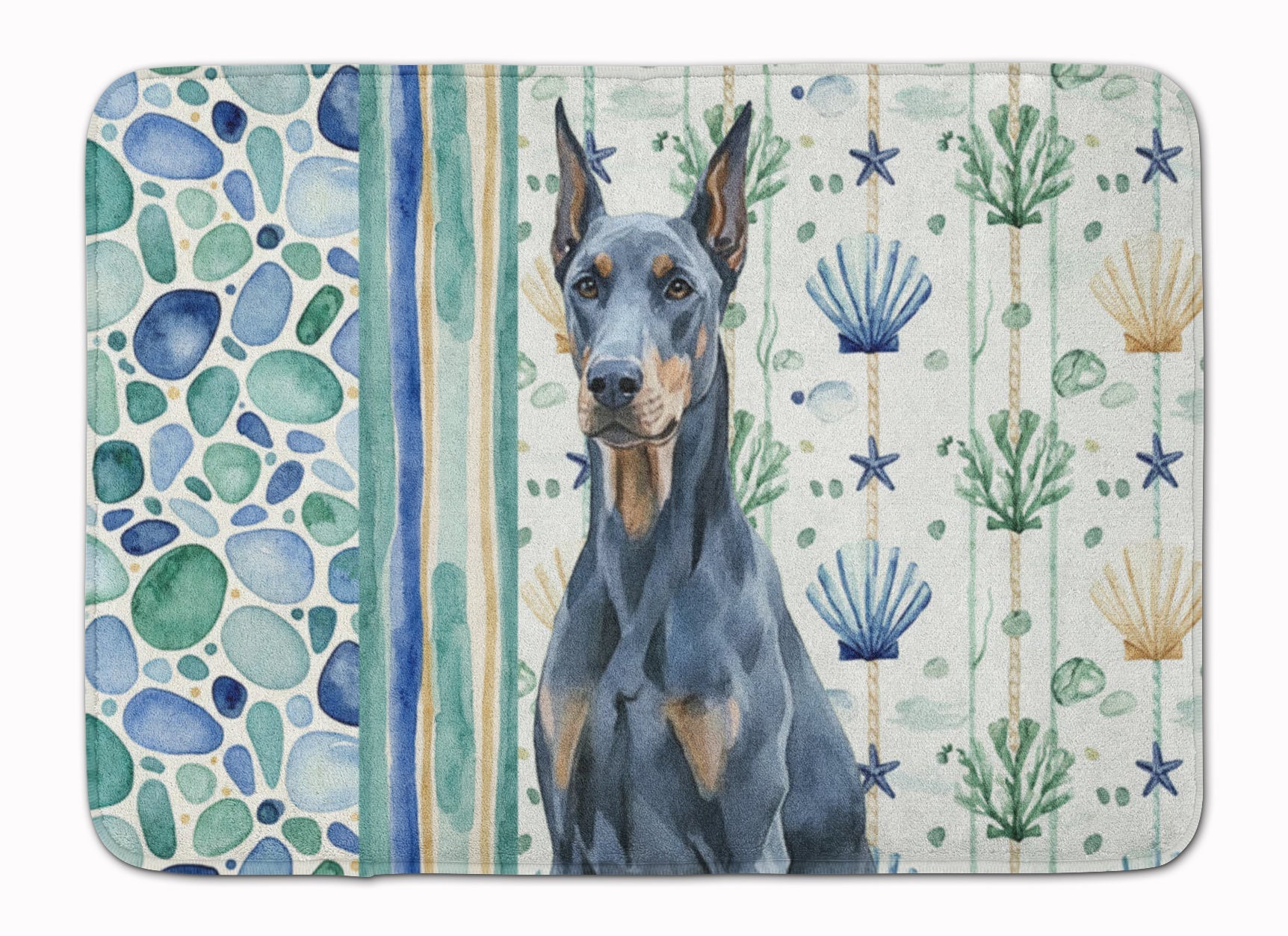 Blue Doberman Pinscher Coastal Sea Glass Memory Foam Kitchen Mat Machine Washable Anti-Fatigue Cushion Comfort Bath or Kitchen Rug