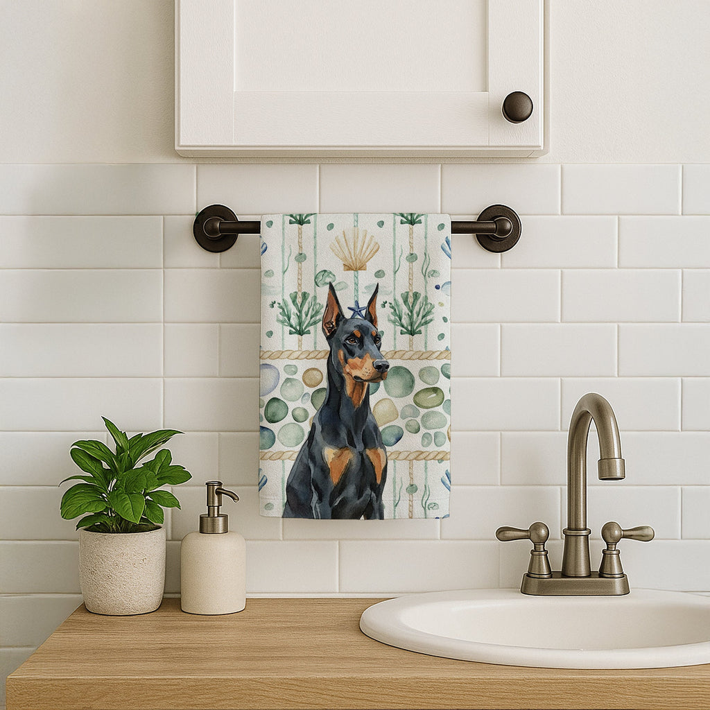 Doberman Pinscher Coastal Sea Glass Kitchen Towel Velour Plush Front and Cotton Loop Back Machine Washable