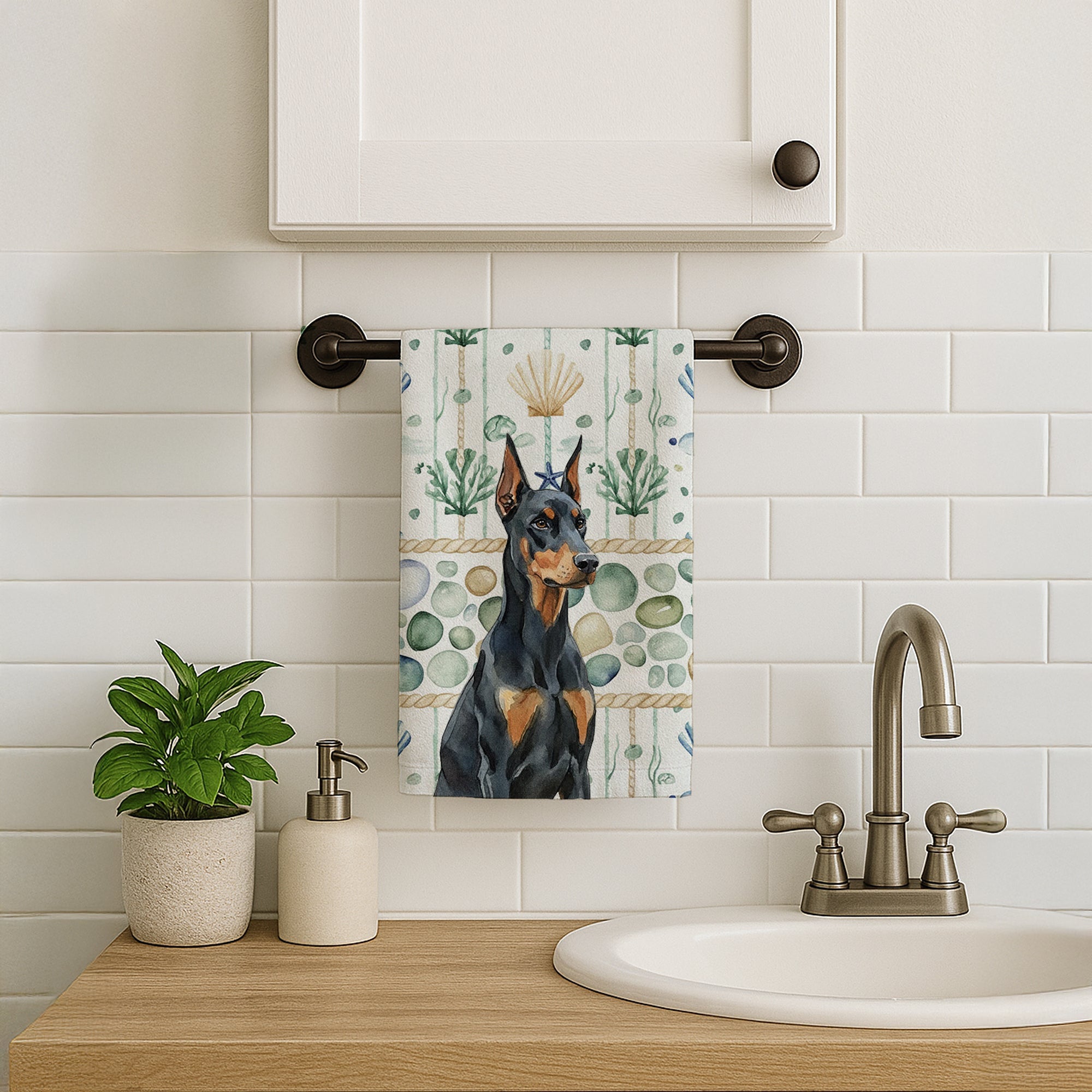 Doberman Pinscher Coastal Sea Glass Kitchen Towel Velour Plush Front and Cotton Loop Back Machine Washable