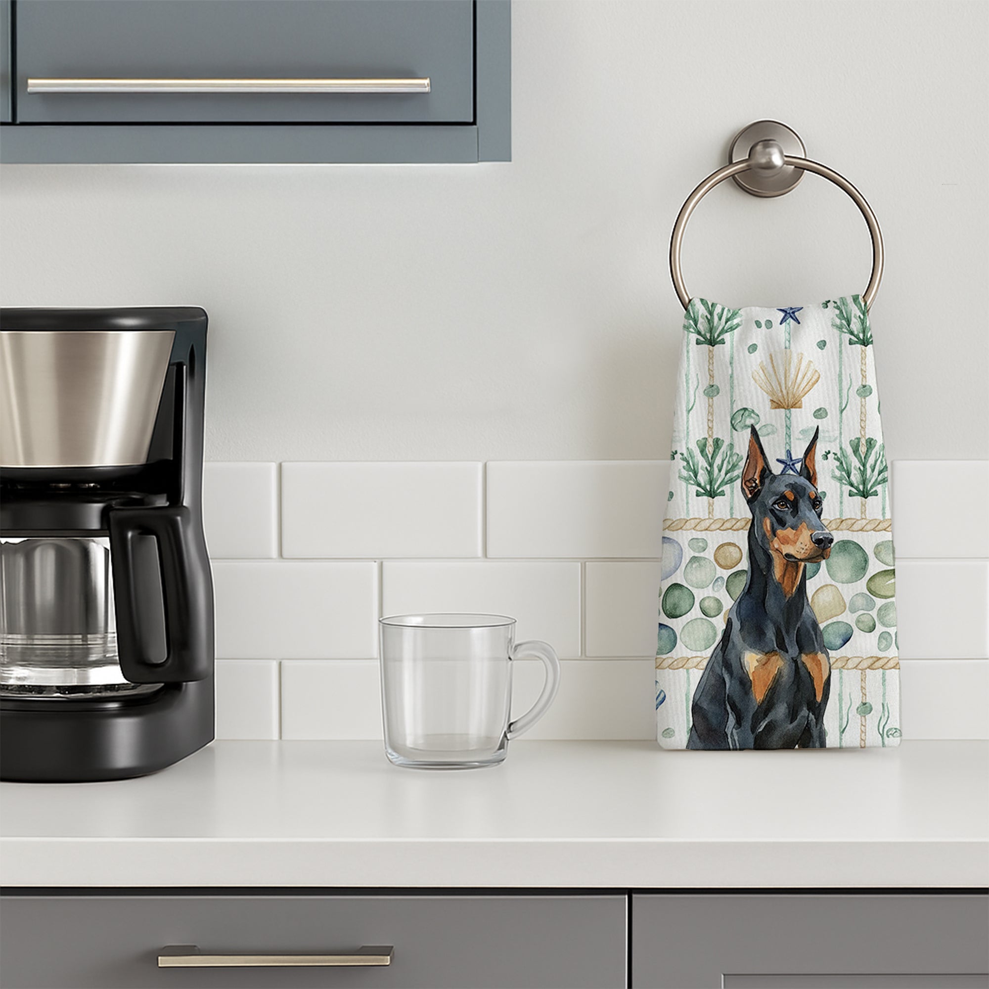 Doberman Pinscher Coastal Sea Glass Kitchen Towel Velour Plush Front and Cotton Loop Back Machine Washable