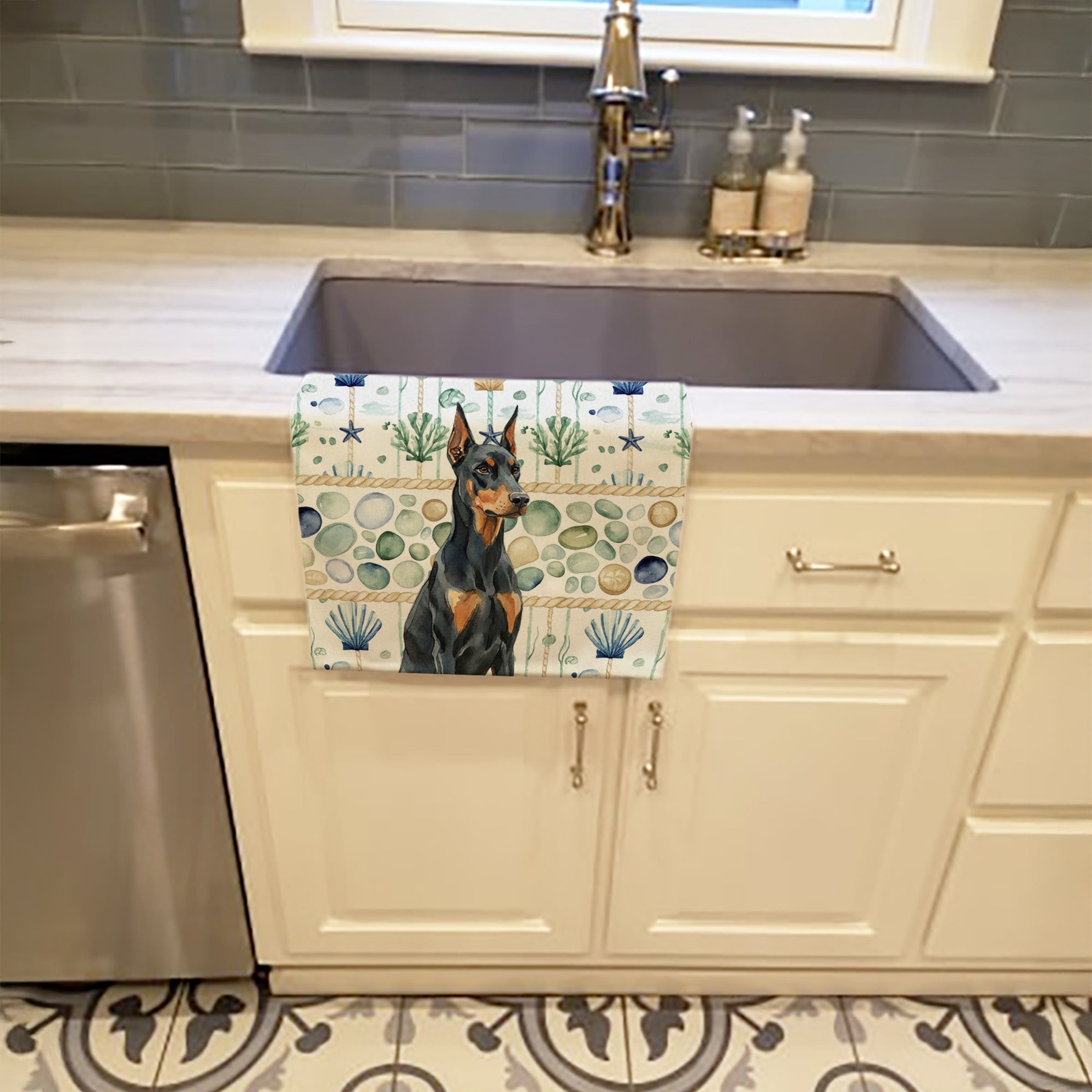 Doberman Pinscher Coastal Sea Glass Kitchen Towel Velour Plush Front and Cotton Loop Back Machine Washable